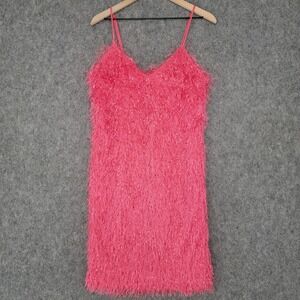 Touch Me Dress Juniors Large Pink Fringe Fuzzy Sequin Slip Mini Party Cocktail
